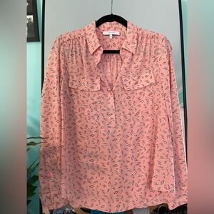 LARK & RO Pink Feather Print Long Sleeve Button Up Shirt Women Size 8 Playful